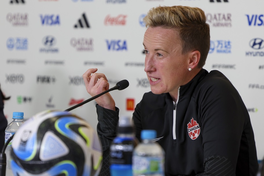 Canadian women's head coach Bev Priestman answers a question.