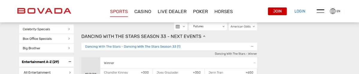 Bovada entertainment betting options.
