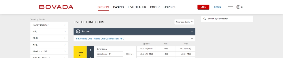 Bovada live soccer betting site