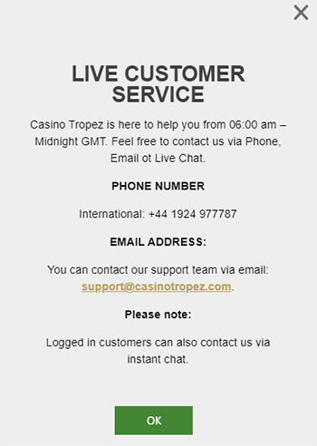 Casino Tropez Contact Us Pop-up