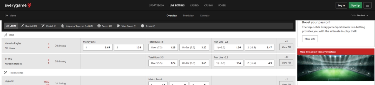 Everygame live betting interface