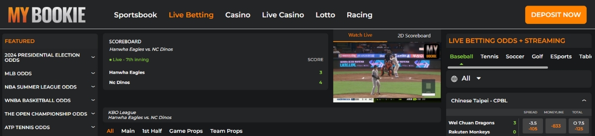 MyBookie live betting interface