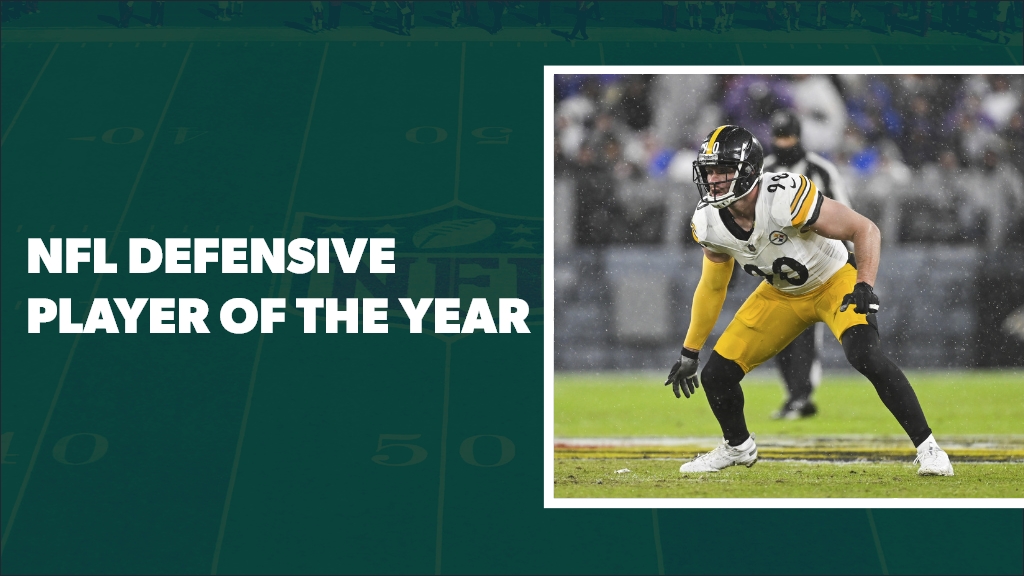 NFL defensive player of the year 2024/25, featuring an image of T.J. Watt.