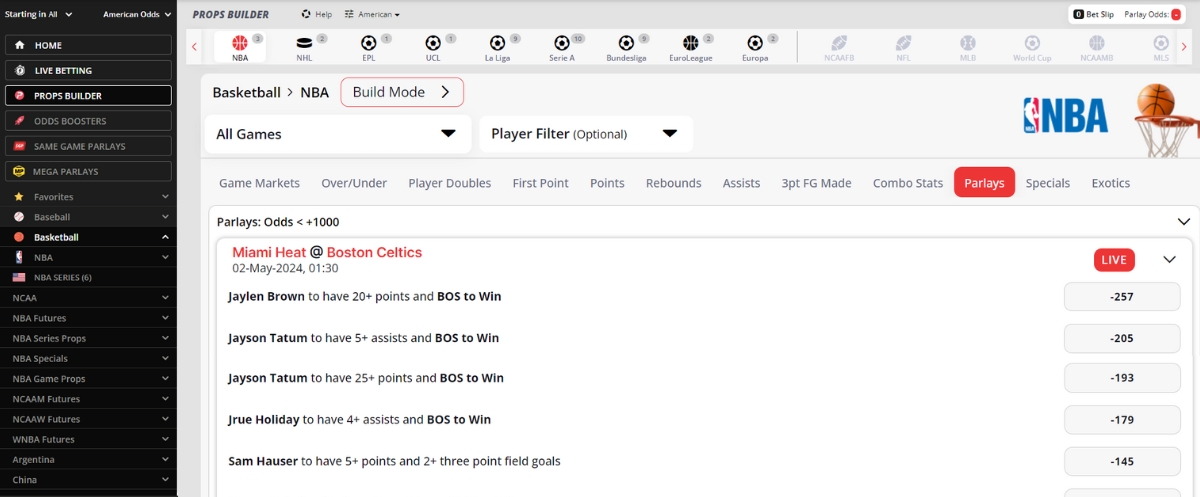 Screenshot showing BetOnline's parlay builder for prop bets.