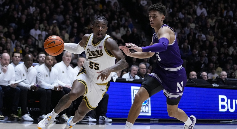Photo of Purdue guard Lance Jones during a game against Northwestern Wildcats on January 31st, 2024.