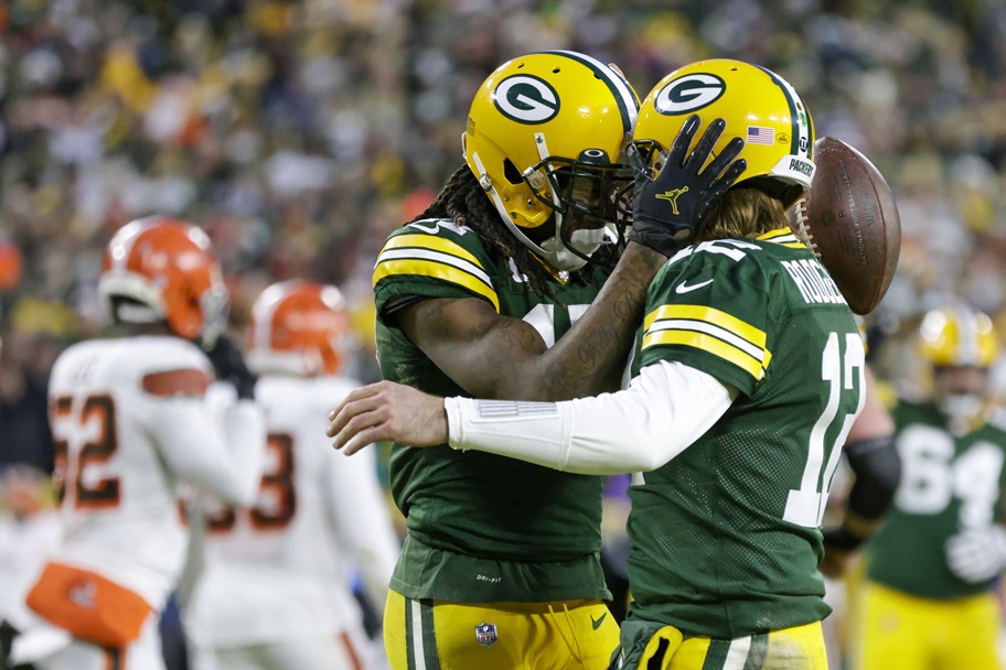Aaron Rodgers and Davante Adams celebrate a touchdown in Green Bay.