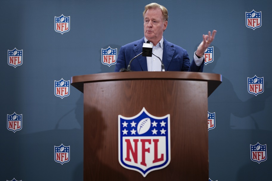 Roger Goodell answers a question from a reporter