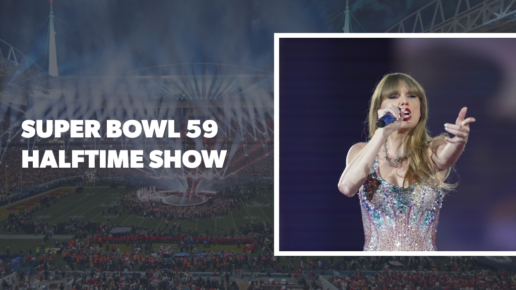 Super Bowl Halftime Show betting odds and predictions, with an image of Taylor Swift.