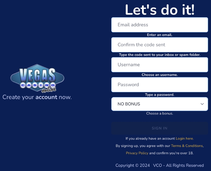 Vegas Casino Online sign up