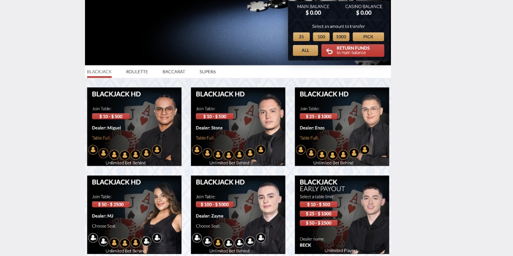 Vegas Casino Online live dealer lobby.