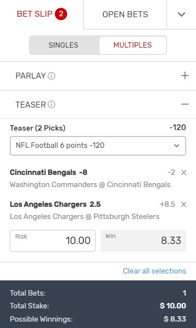 Screenshot showing a two-team Wong teaser bet.