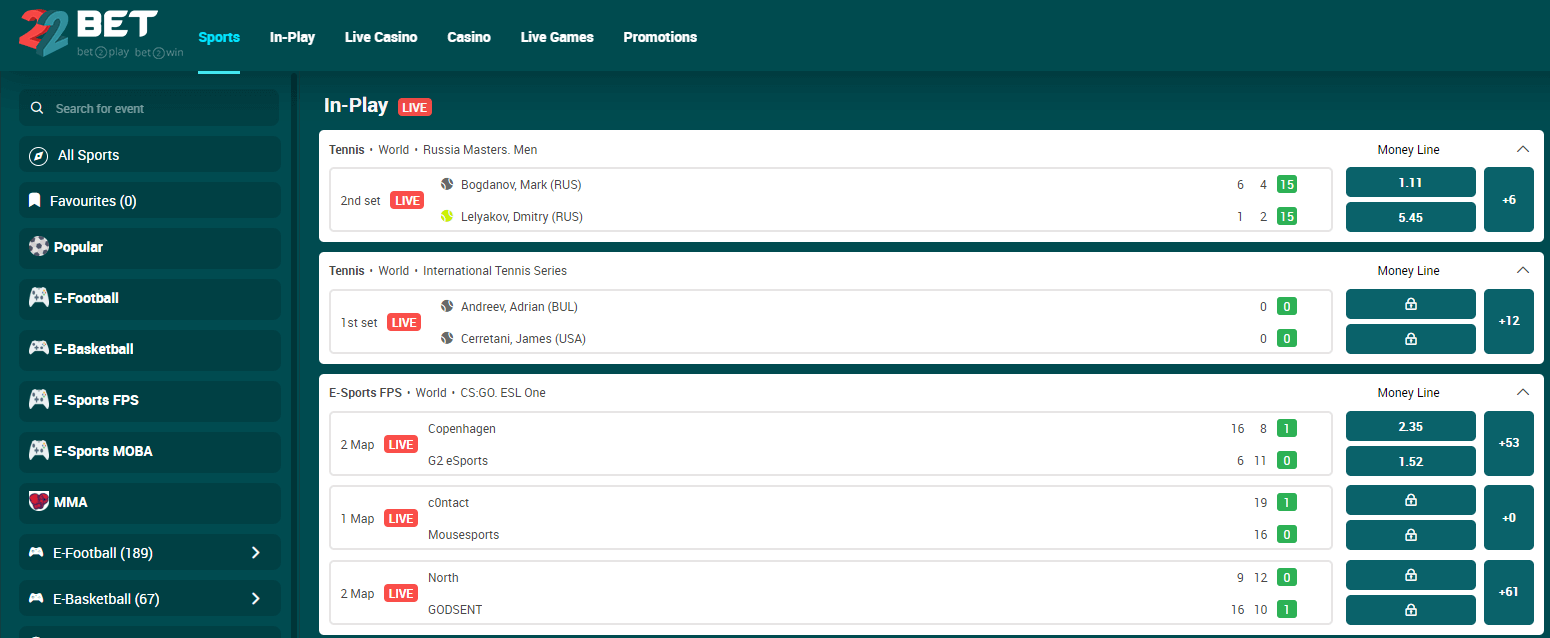 22Bet Live Betting Interface