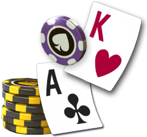 Casino Chips and two cards – an Ace and a King – signalling a blackjack win